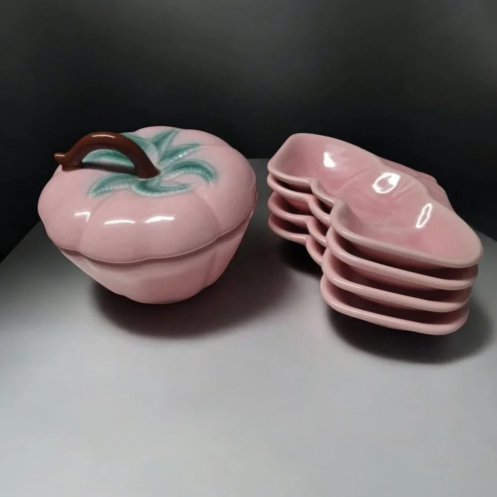 Belmar‎ Vintage Pink Strawberry Ceramic Shaped Serving Set Dip Veggie 6 Pieces